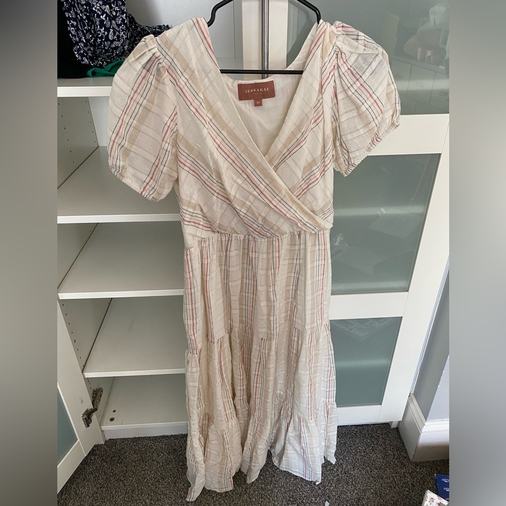 JessaKae Cream Midi Dress with Pink & Tan Stripes